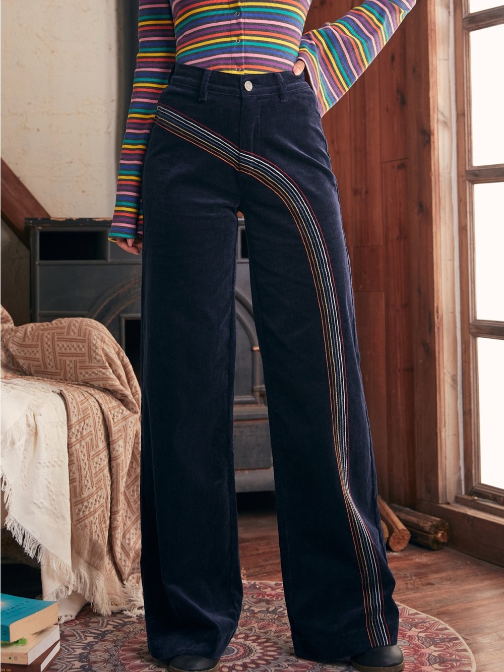 Modcloth Navy Corduroy Wide-Leg Pants with Rainbow Stripe